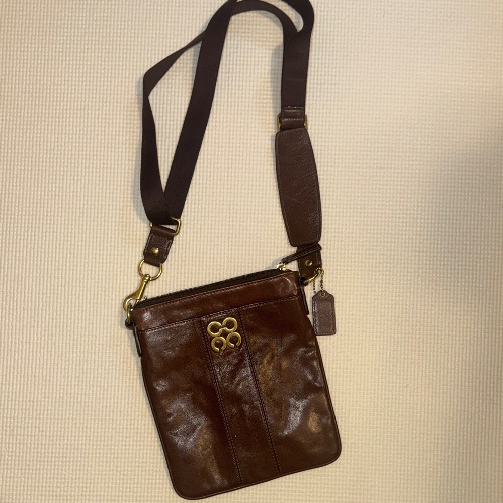 Coach Dark Brown Leather Messenger Crossbody with Gold Hardware